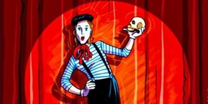 En tecknad mimare står på en teaterscen med en dödskalle i handen, röda gardiner i bakgrunden.