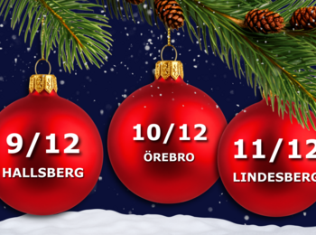 Tre röda julgranskulor med datumen 9/12 Hallsberg, 10/12 Örebro och 11/12 Lindesberg mot en vintrig bakgrund.