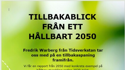 Affisch med text om en föreläsning om hållbar utveckling år 2050, grön bakgrund.