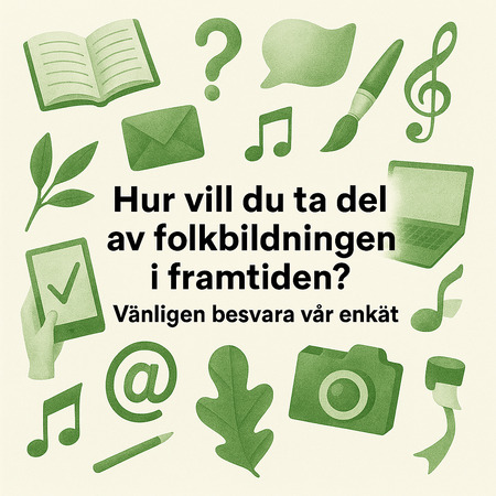 Text om framtidens folkbildning omgiven av gröna ikoner som bok, dator, kamera och musiknoter.