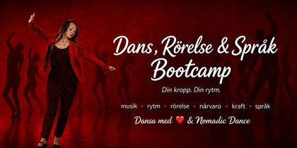 Affisch för dans, rörelse och språk-bootcamp med kvinna som dansar mot röd bakgrund och silhuetter av dansare.