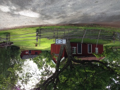 Röd stuga med vita knutar och staket i en grönskande lantlig miljö, träd och gräsmatta.