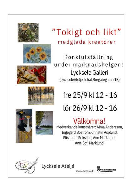 Affisch för konstutställningen 'Tokigt och likt' på Lycksele Galleri med bilder av konstverk och information om tid och plats.