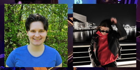 Två porträtt, ett utomhus och ett vid vatten på natten, överlagda på en studio med högtalare och lila stjärnhimmel.