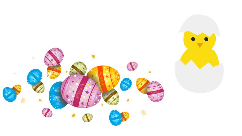 Illustration av färgglada påskägg och en gul kyckling som kläcks ur ett vitt äggskal på vit bakgrund.