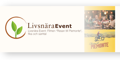 Livsnära Event-poster med växtsymbol, text om filmvisning och fika, samt bilder på middag och motorcykel.