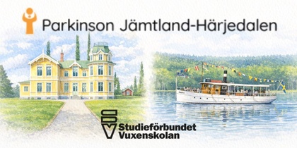 Akvarell av gul herrgård och ångbåt, med logotyper för Parkinson Jämtland-Härjedalen och Studieförbundet Vuxenskolan.