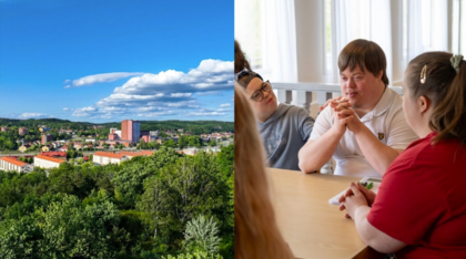 Delad bild: stadsvy med grönska och blå himmel till vänster, grupp människor samtalar runt ett bord till höger.