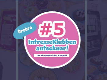 Färgglad affisch för IntresseKlubben i Örebro, nummer 5, med text om aktivitet den 6 augusti.