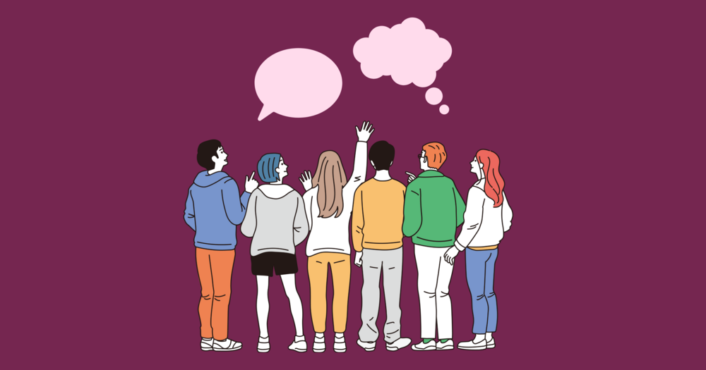 Sex personer står med ryggen mot kameran och pratar, två pratbubblor syns ovanför dem.