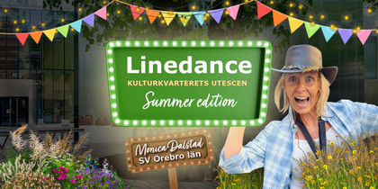 Affisch för linedance-event utomhus med färgglada vimplar, grön skylt och person i cowboyhatt.