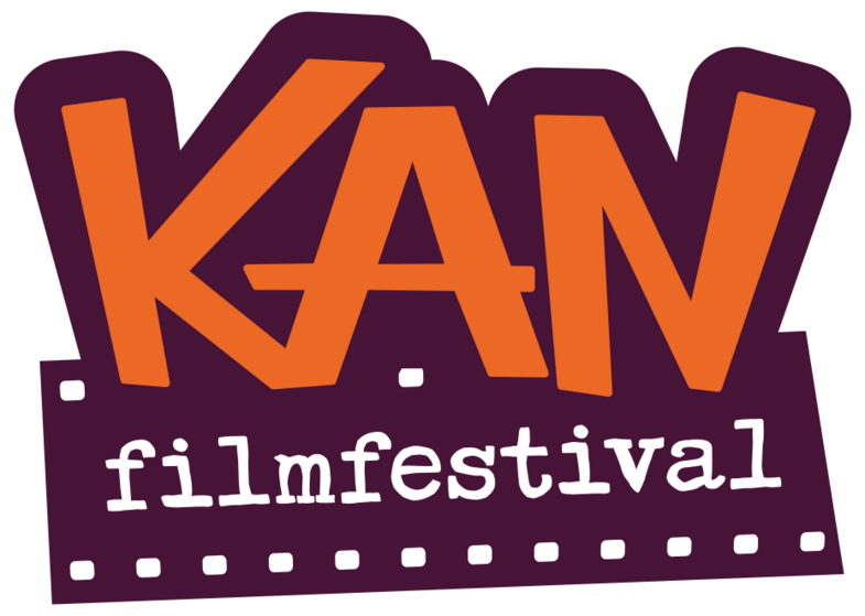 Logotyp för KAN filmfestival med stora orange bokstäver och filmremsa i lila och vitt.