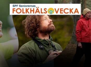 Äldre personer promenerar i skogen under SPF Seniorernas folkhälsovecka, logotyp syns överst.