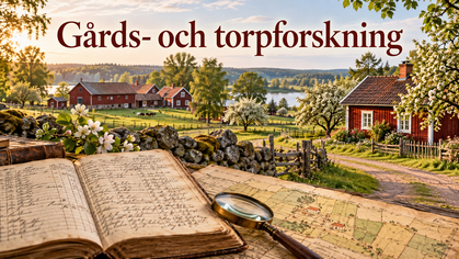 Gammaldags böcker och karta på ett bord framför en svensk lantgård med röda hus och blommande träd.