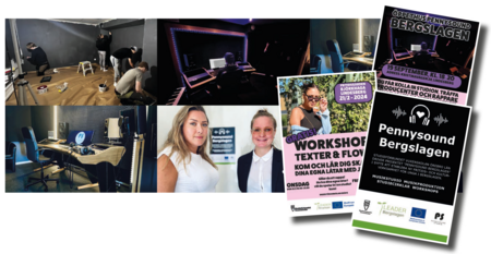 Collage med bilder på musikstudio, två personer, affischer för workshops och studioaktiviteter.