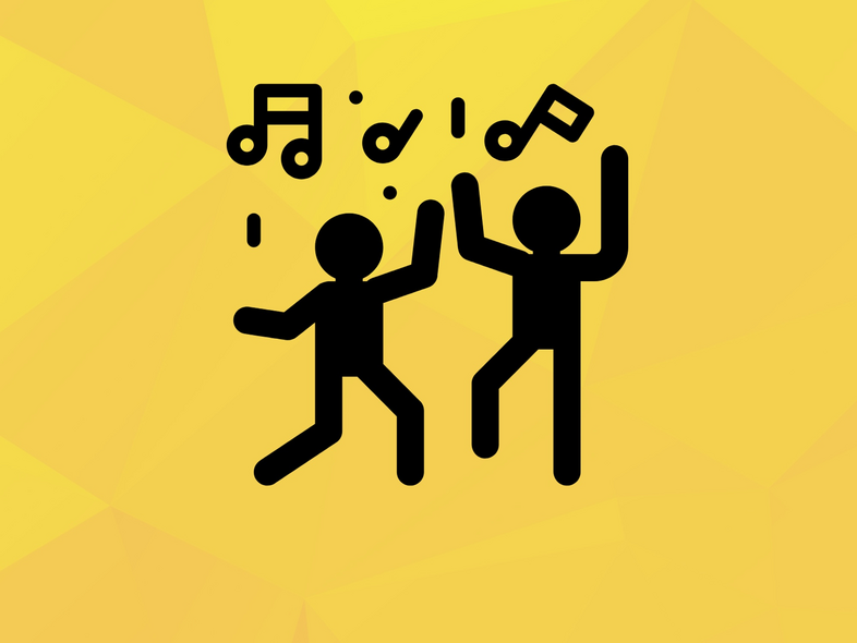 Två stiliserade figurer dansar med musiknoter ovanför sig på en gul bakgrund.