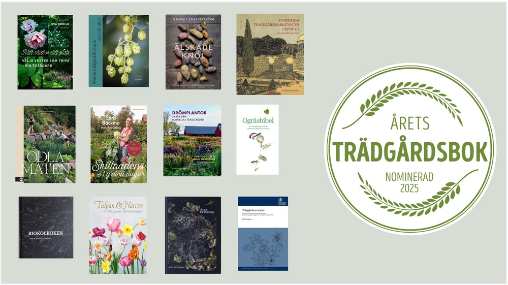 Bild med bokomslag av trädgårdsböcker nominerade till Årets Trädgårdsbok 2025 och en stor grön logotyp.