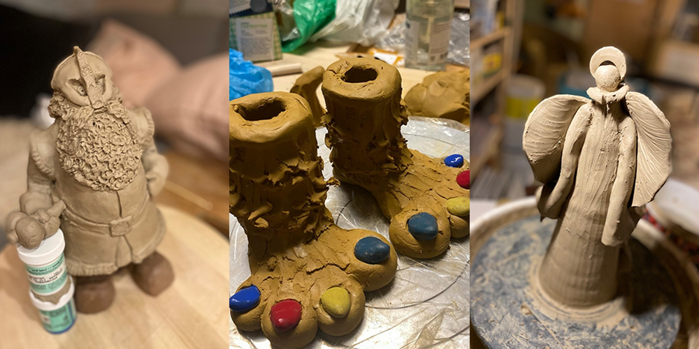 Tre lerfigurer: en tomte, ett par stövlar med färgprickar och en ängel på drejskiva.