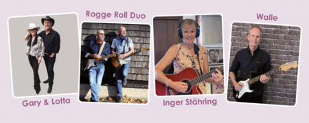 Fyra musikakter: Gary & Lotta, Rogge Roll Duo, Inger Stähring och Walle, alla med gitarrer.