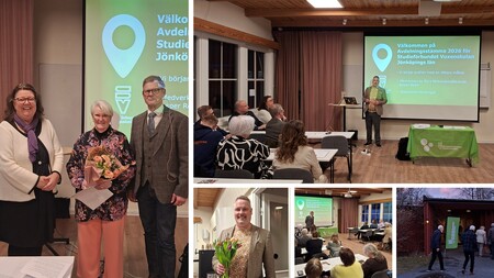 Kollage från ett möte med Studieförbundet Vuxenskolan, med talare, publik och blomsterutdelning.