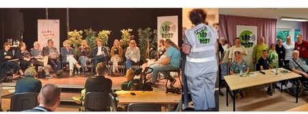 Tre olika mötesscener med personer från partiet Vår Röst, sittande i panel, diskuterande och poserande vid bord.