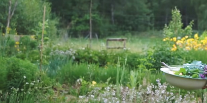 Kvinna med långt ljust hår plockar grönsaker i en trädgård med blommor och grönska.