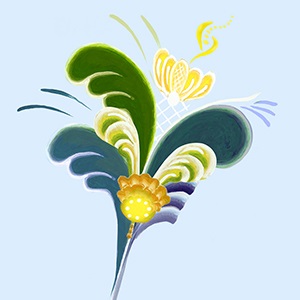 Abstrakt blomsterillustration med gröna, gula och blå former på ljusblå bakgrund.