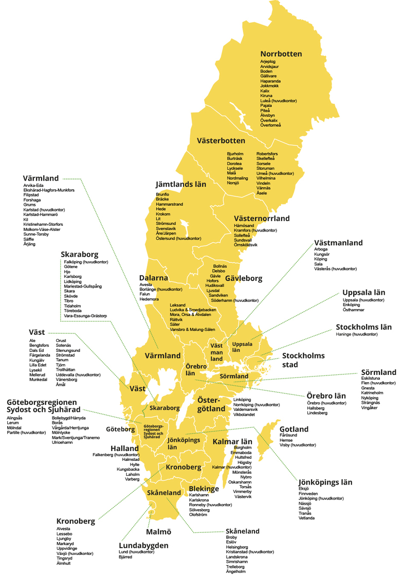 Karta över Sverige med län och kommuner markerade och namngivna.