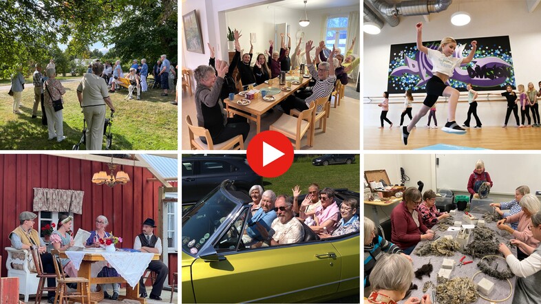Sex bilder visar olika aktiviteter: utomhusmöte, måltid, dans, historiskt rollspel, bilutflykt och hantverk.