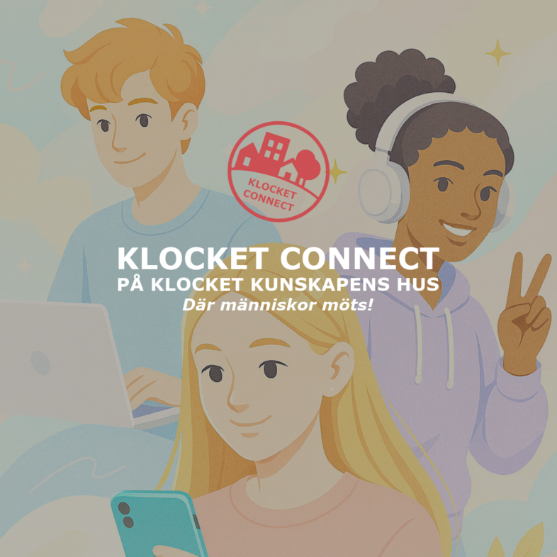 Illustration av tre unga personer med teknikprylar och text om Klocket Connect, ett möteshus.