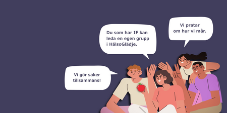 Illustration av en grupp personer som sitter tillsammans och pratar, med pratbubblor om gemenskap och hälsa på svenska.