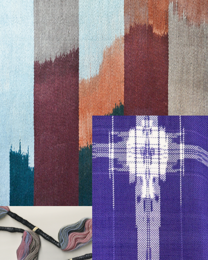 Färgglada tygprover med olika mönster och färgade garntrådar på en ljus bakgrund.