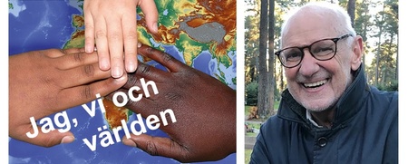 Tvådelad bild: till vänster händer i olika hudfärger på en karta, till höger en leende äldre man med glasögon i skogsmiljö.