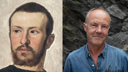 Två porträtt sida vid sida, ett målat och ett fotografi, båda med neutral bakgrund.