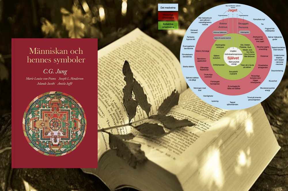Bokomslag till 'Människan och hennes symboler' av C.G. Jung, ett uppslaget bokblad med löv och en färgglad psykologisk diagramcirkel.