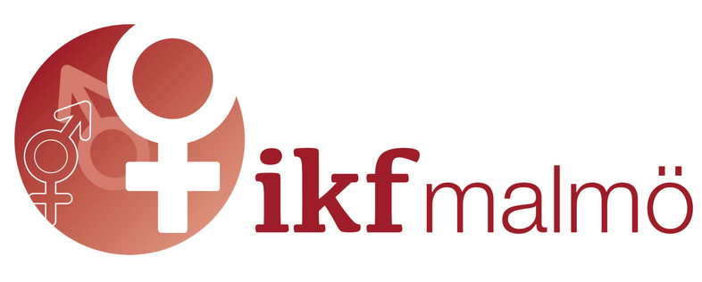Logotyp för IKF Malmö med kvinnosymbol och texten 'ikf malmö' i rött.