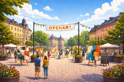 Utomhus konstfestival på ett torg med färgglada tavlor, människor och gamla byggnader i bakgrunden.
