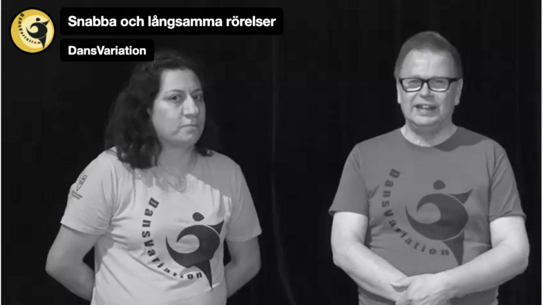 Två personer står bredvid varandra i t-shirts med texten 'Dansvariation' mot en mörk bakgrund.