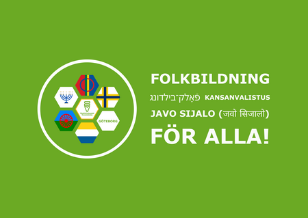 Grön bakgrund med texten 'Folkbildning för alla!' på flera språk och sex symboler i en cirkel.