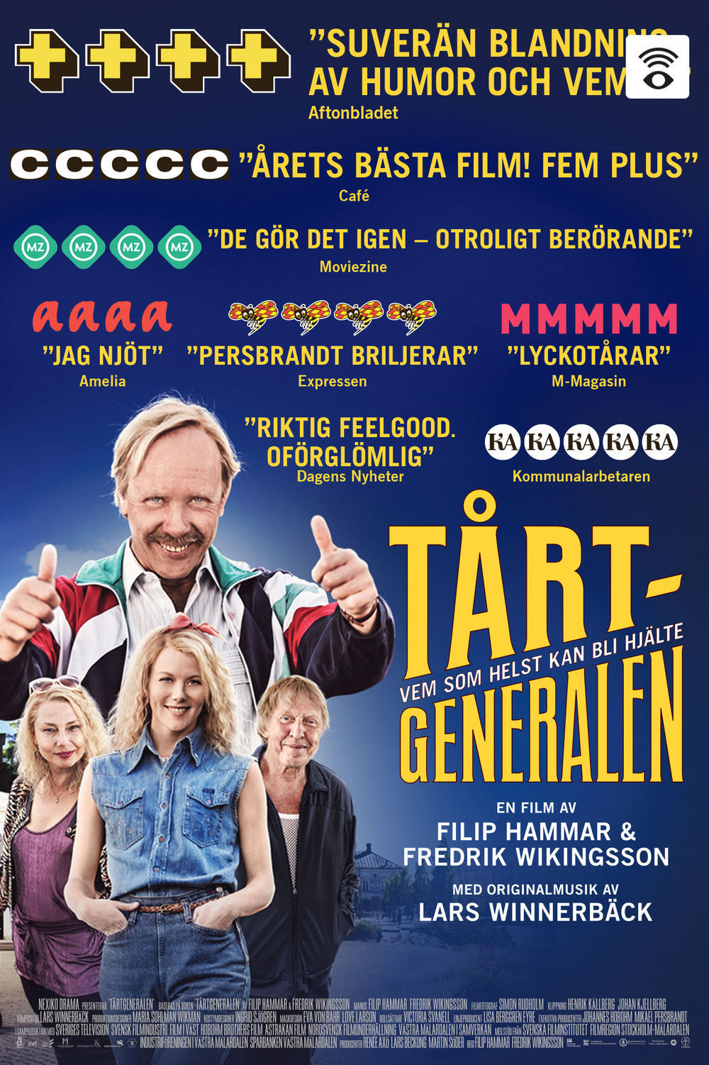 Affisch för filmen Tårtgeneralen med flera personer, recensioner och färgglad text mot blå bakgrund.