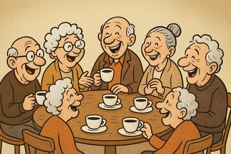 Tecknad bild gjor av AI av glada äldre personer som sitter runt ett bord och dricker kaffe tillsammans.