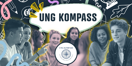 Ungdomar sitter i grupp med pratbubbla där det står 'UNG KOMPASS', tecknade skolmotiv i bakgrunden.