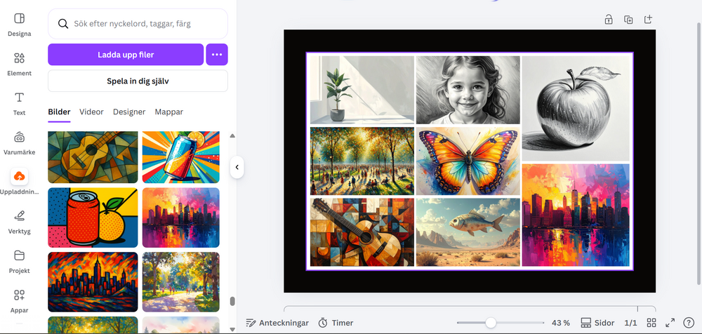 Collage med färgglada målningar av stad, fjäril, gitarr, fisk, träd, växt och ett äpple.
