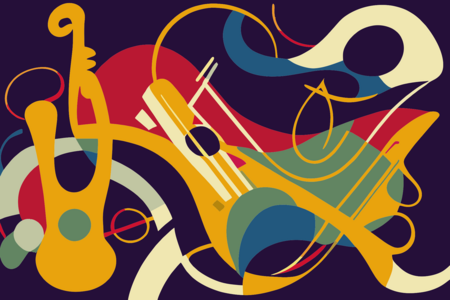Abstrakt illustration av musikinstrument, inklusive trumpet och saxofon, i starka färger mot mörk bakgrund.