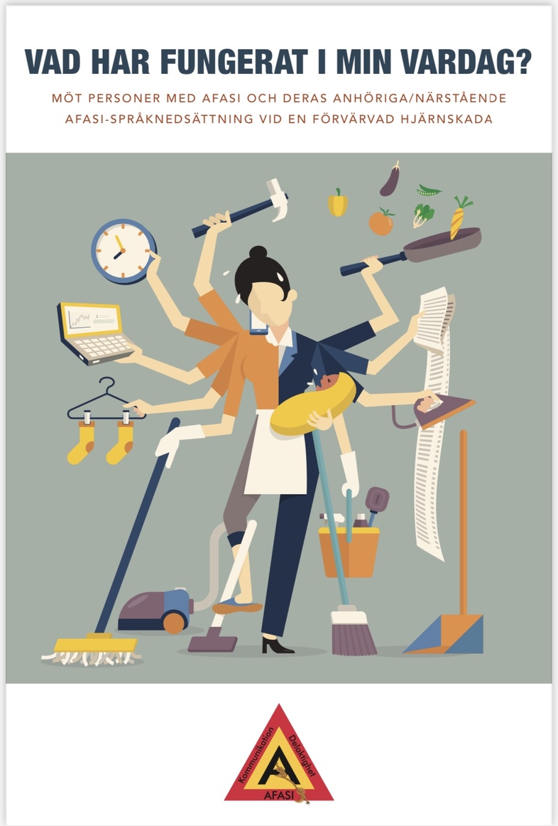 Illustration av en person med många armar som utför flera vardagssysslor samtidigt, med text om afasi och hjärnskada.