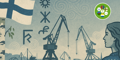 Illustration med Finlands flagga, kranar i hamn, runliknande symboler och en kvinnas profil.