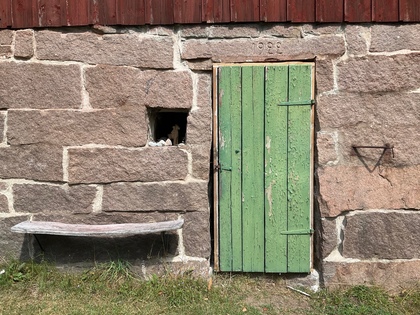 grön dörr på murad vägg