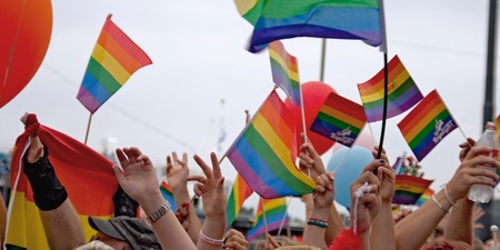 Människor viftar med regnbågsflaggor på en prideparad, händer och flaggor syns i färgglad folkmassa.
