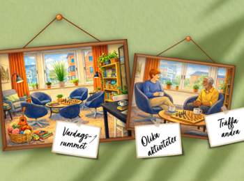 Två illustrationer av ett vardagsrum med blå fåtöljer, växter, schackbräde och två personer som samtalar över kaffe.