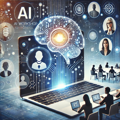 En digital workshop om AI med en laptop, hjärna i neon och människor som deltar online och i klassrum.